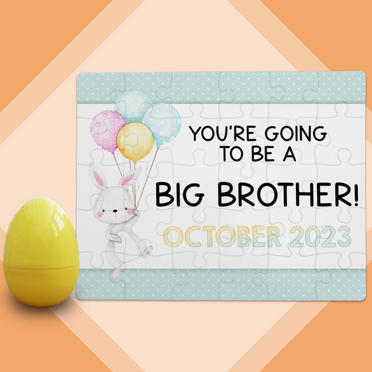 Custom Easter Big Brother Pregnancy Announcement | Jigsaw Puzzle | Bunny With Balloons Design | With Plastic Egg