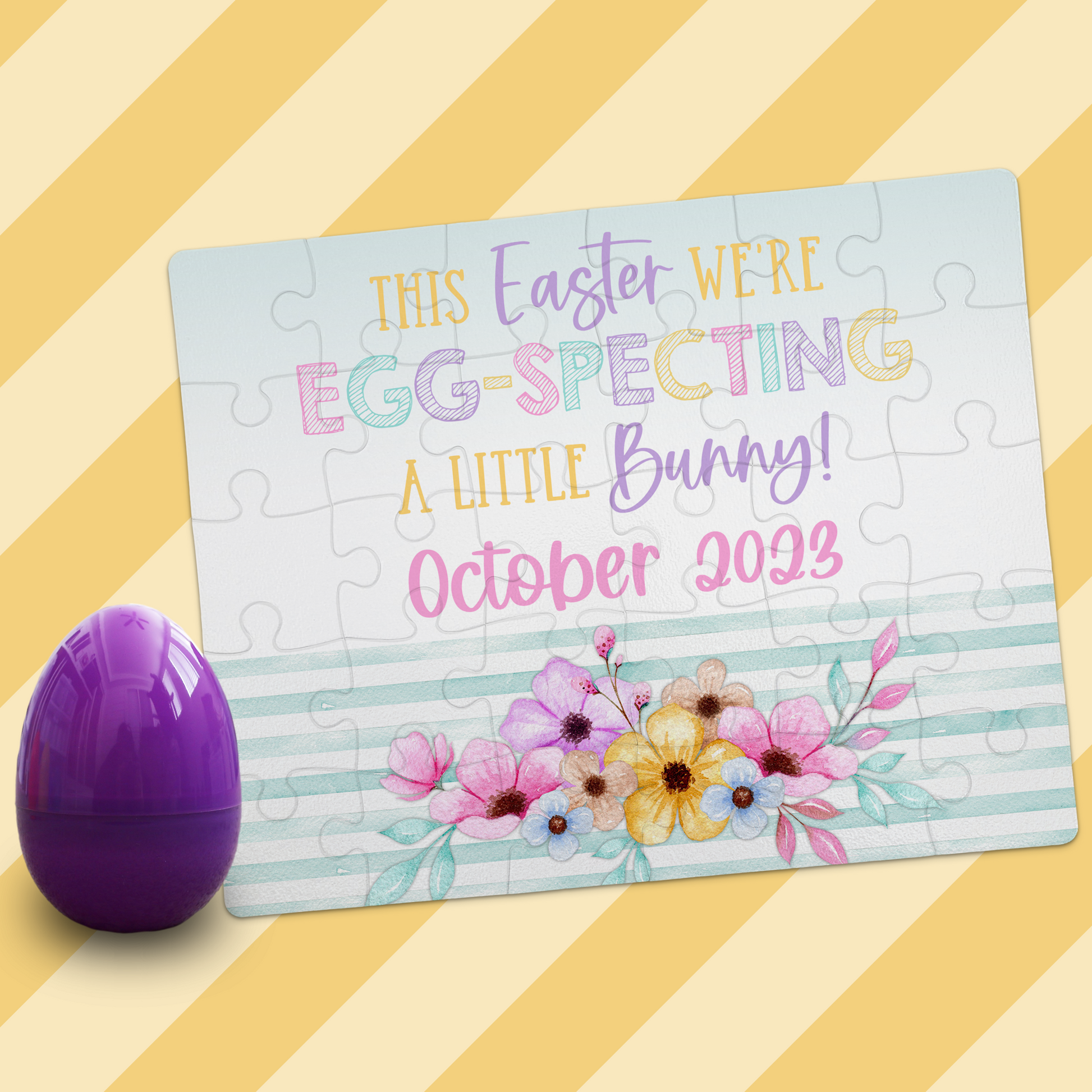 Custom Easter Pregnancy Announcement | Jigsaw Puzzle | Floral With Teal Stripes Design | With Plastic Egg | S'Berry Boutique