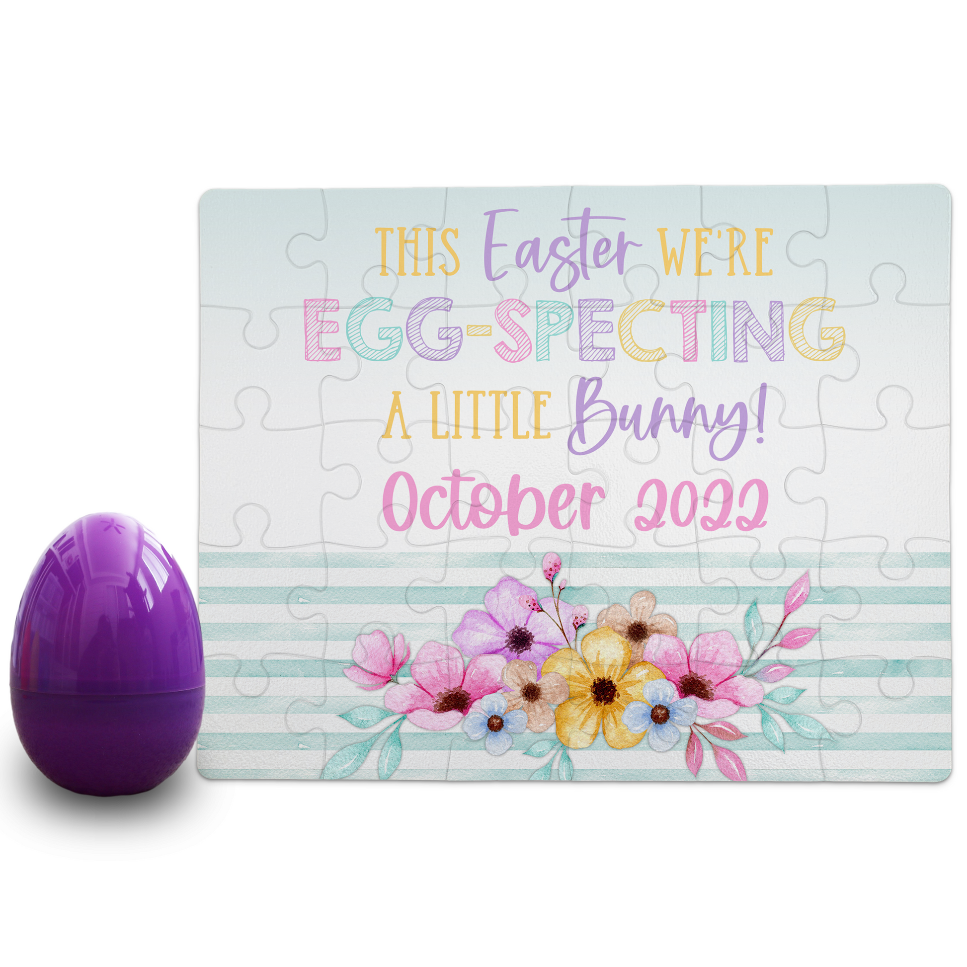 Custom Easter Pregnancy Announcement | Jigsaw Puzzle | Floral With Teal Stripes Design | With Plastic Egg | S'Berry Boutique