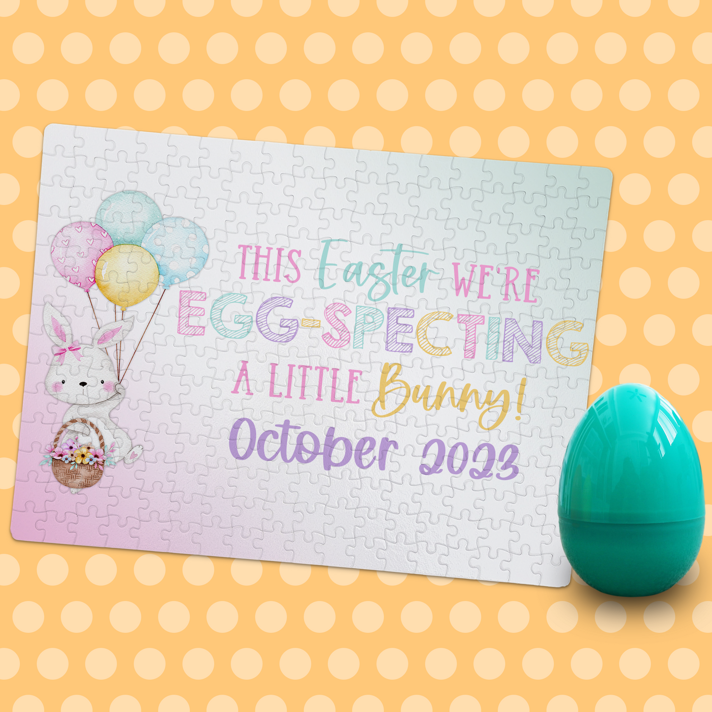 Custom Easter Pregnancy Announcement | Jigsaw Puzzle | Bunny With Balloons Design | With Plastic Egg | S'Berry Boutique