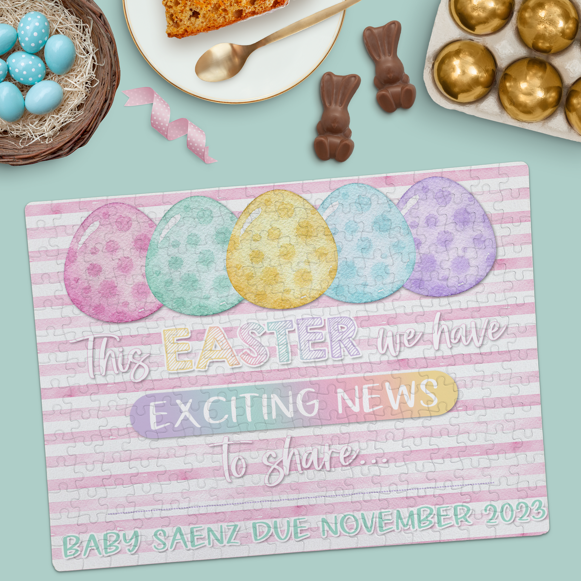 Easter Pregnancy Announcement | Jigsaw Puzzle | Pastel Eggs & Pink Stripes Design | Personalized