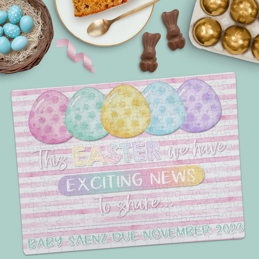 Easter Pregnancy Announcement | Jigsaw Puzzle | Pastel Eggs & Pink Stripes Design | Personalized | S'Berry Boutique
