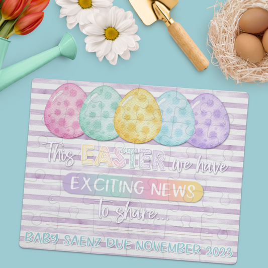 Easter Pregnancy Announcement | Jigsaw Puzzle | Pastel Eggs & Purple Stripes Design | Personalized | S'Berry Boutique