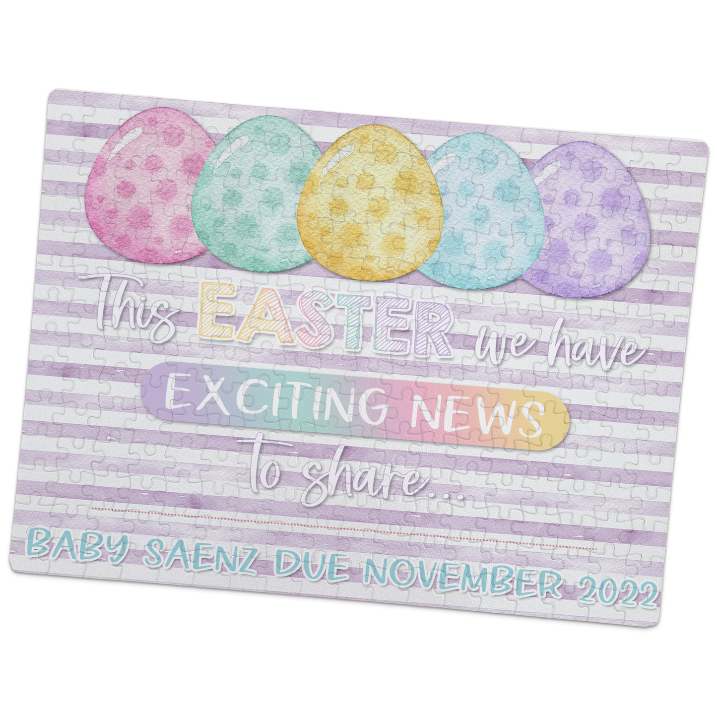 Easter Pregnancy Announcement | Jigsaw Puzzle | Pastel Eggs & Purple Stripes Design | Personalized