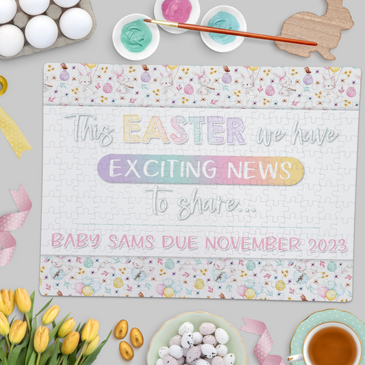 Easter Pregnancy Announcement | Jigsaw Puzzle | Bunny With Pastel Eggs Design | Personalized | S'Berry Boutique