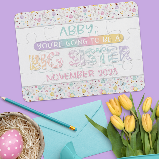 Easter Big Sister Pregnancy Announcement | Jigsaw Puzzle | Bunny With Pastel Eggs Design | Personalized | S'Berry Boutique