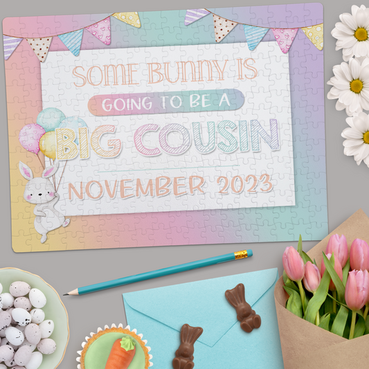 Custom Easter Big Cousin Pregnancy Announcement | Jigsaw Puzzle | Bunny With Balloons Design