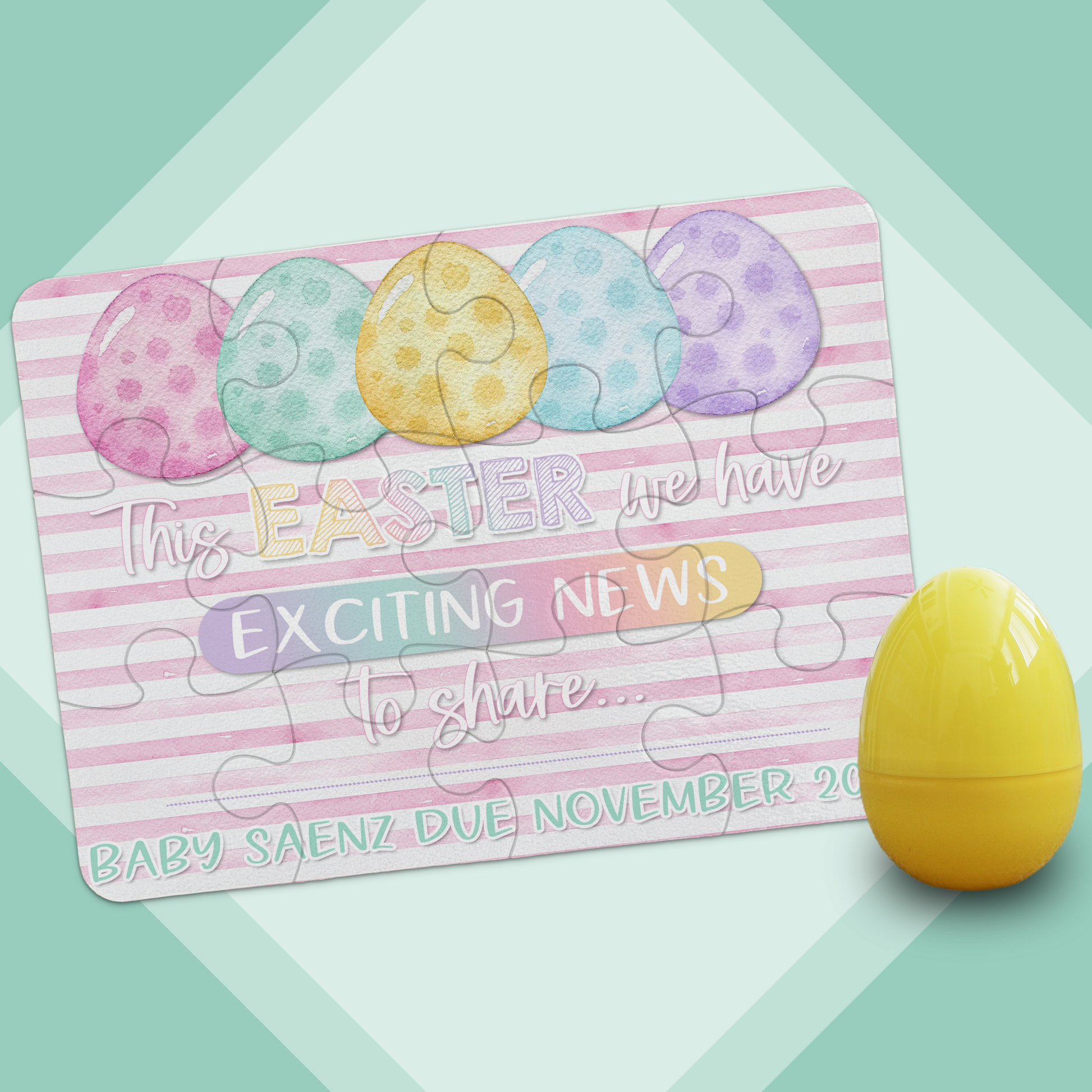 Easter Pregnancy Announcement | Jigsaw Puzzle | Pastel Eggs With Pink Stripes Design | With Plastic Egg | Personalized | S'Berry Boutique