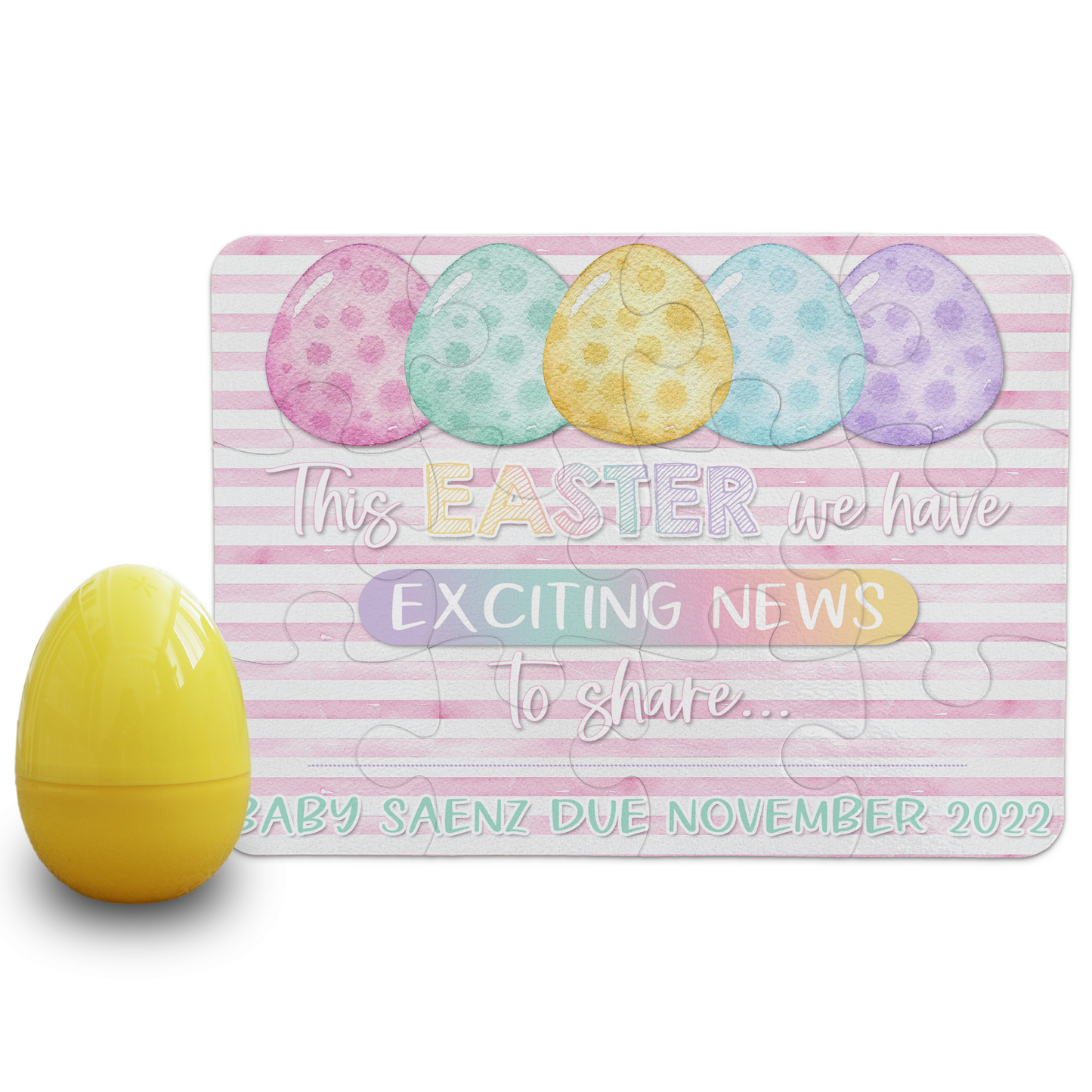 Easter Pregnancy Announcement | Jigsaw Puzzle | Pastel Eggs With Pink Stripes Design | With Plastic Egg | Personalized | S'Berry Boutique