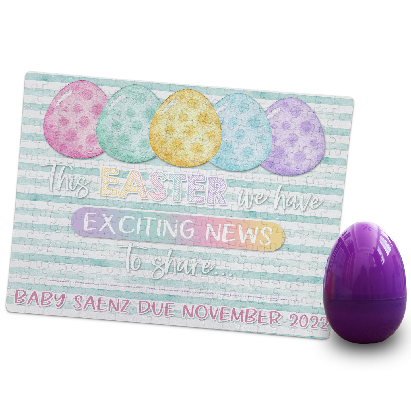 Easter Pregnancy Announcement | Jigsaw Puzzle | Pastel Eggs With Teal Stripes Design | With Plastic Egg | Personalized | S'Berry Boutique