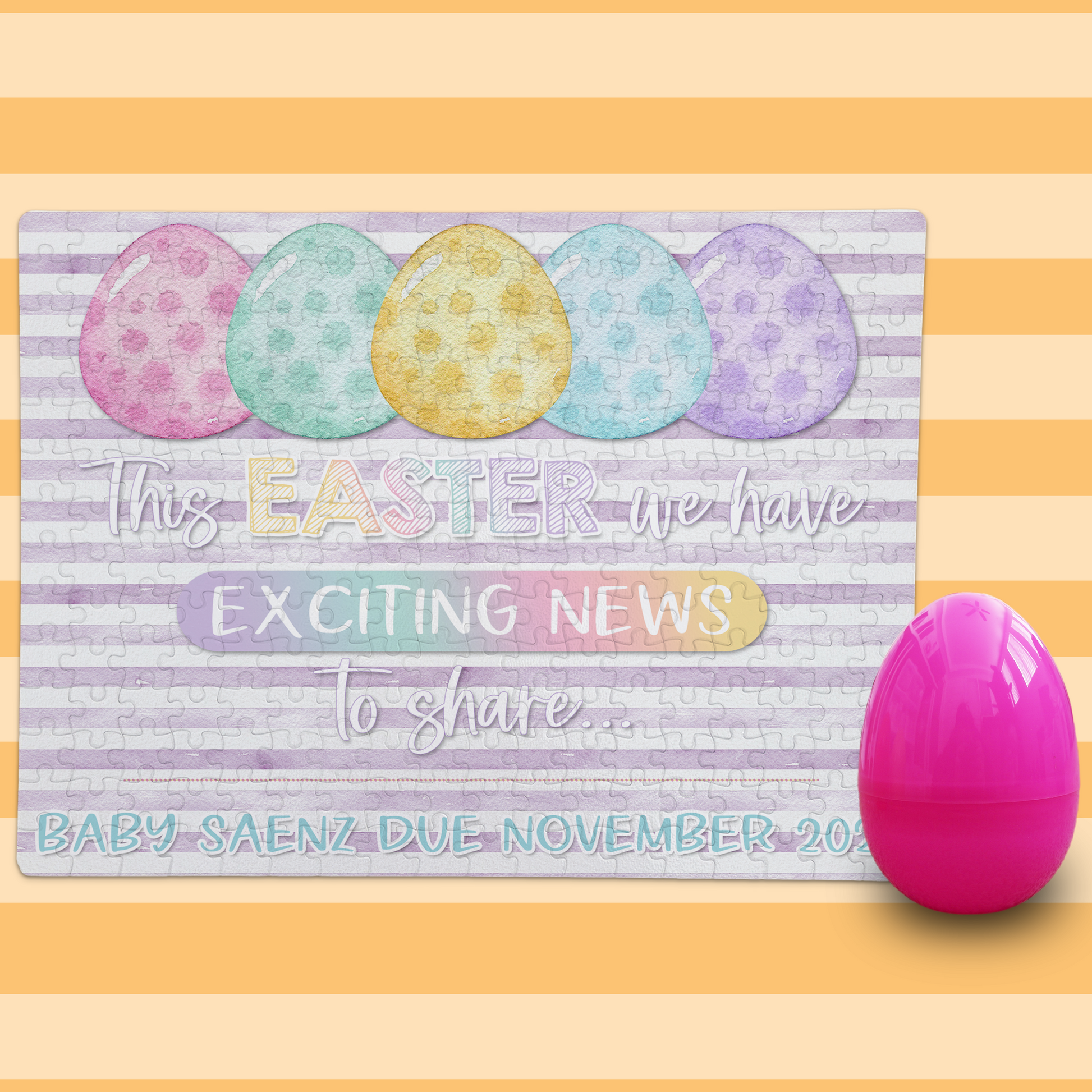 Easter Pregnancy Announcement | Jigsaw Puzzle | Pastel Eggs With Purple Stripes Design | With Plastic Egg | Personalized
