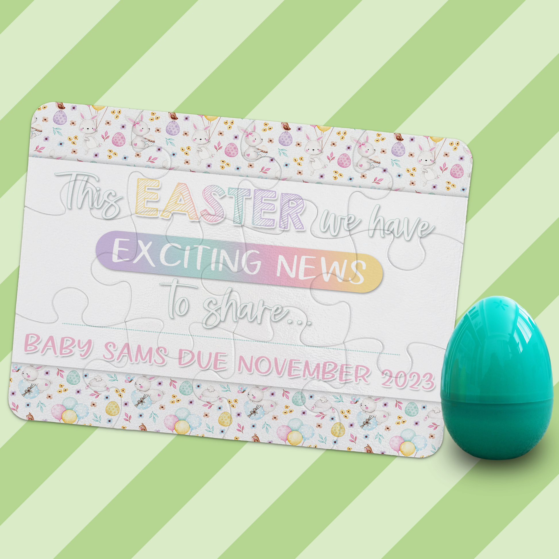 Easter Pregnancy Announcement | Jigsaw Puzzle | Bunny With Pastel Eggs Design | With Plastic Egg | Personalized