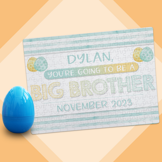 Easter Big Brother Pregnancy Announcement | Jigsaw Puzzle | Blue Stripes Design | With Plastic Egg | Personalized | S'Berry Boutique