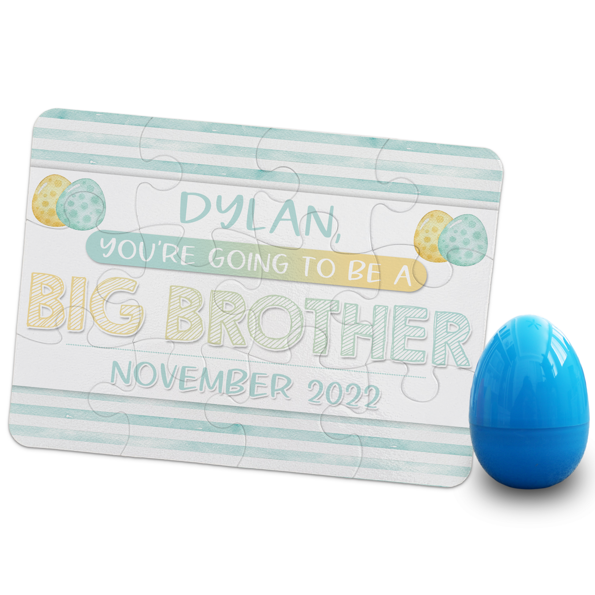 Easter Big Brother Pregnancy Announcement | Jigsaw Puzzle | Blue Stripes Design | With Plastic Egg | Personalized
