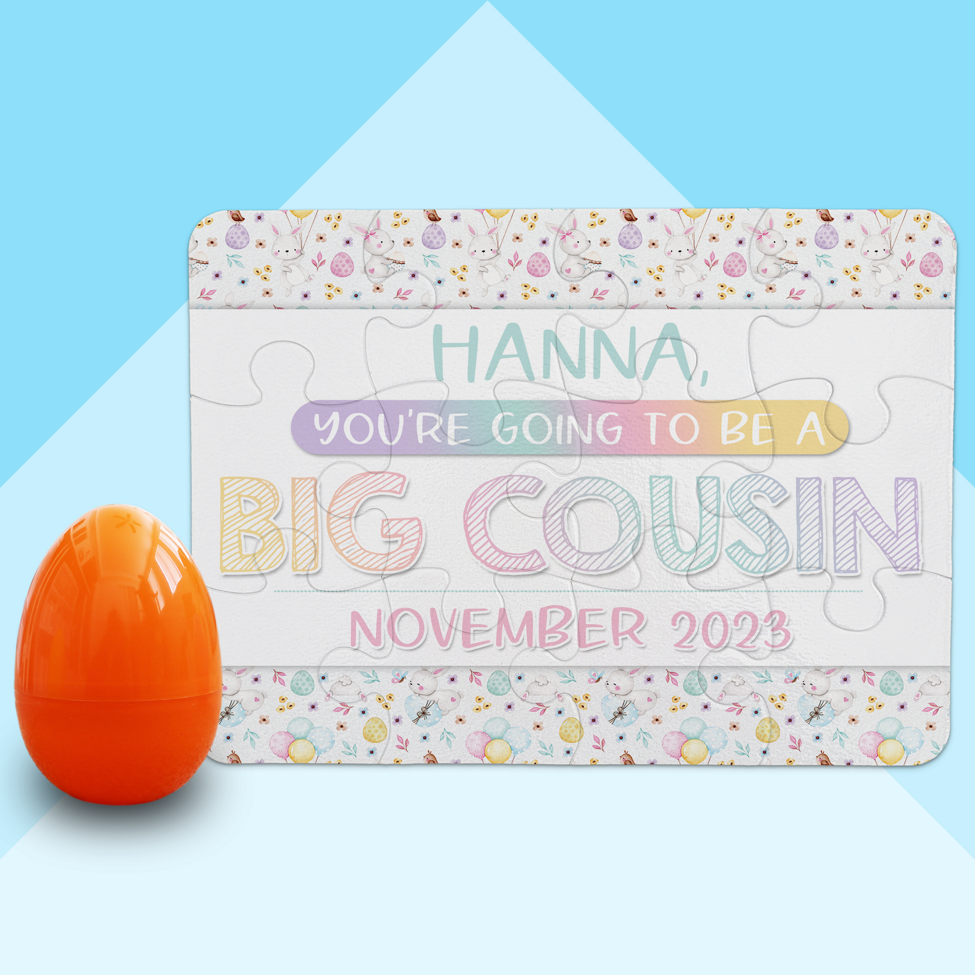 Easter Big Cousin Pregnancy Announcement | Jigsaw Puzzle | Bunny With Pastel Eggs Design | With Plastic Egg | Personalized | S'Berry Boutique