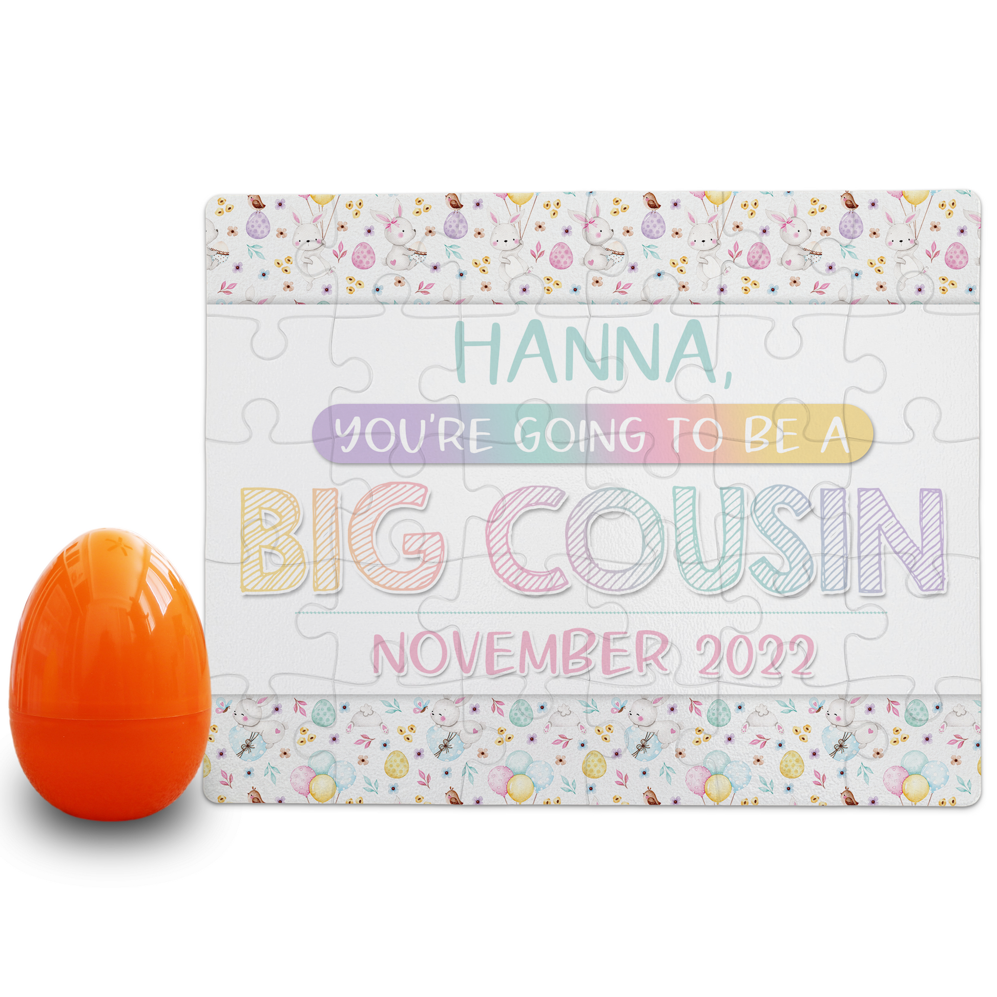 Easter Big Cousin Pregnancy Announcement | Jigsaw Puzzle | Bunny With Pastel Eggs Design | With Plastic Egg | Personalized