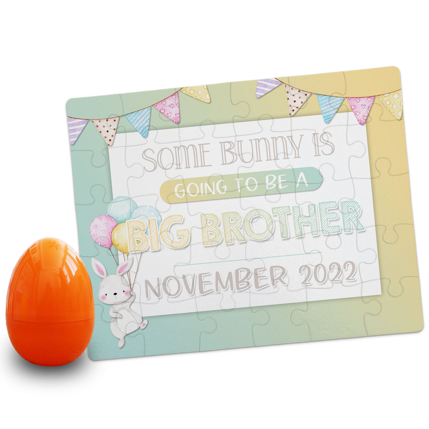 Custom Easter Big Brother Pregnancy Announcement | Jigsaw Puzzle | Bunny With Balloons Design | With Plastic Egg