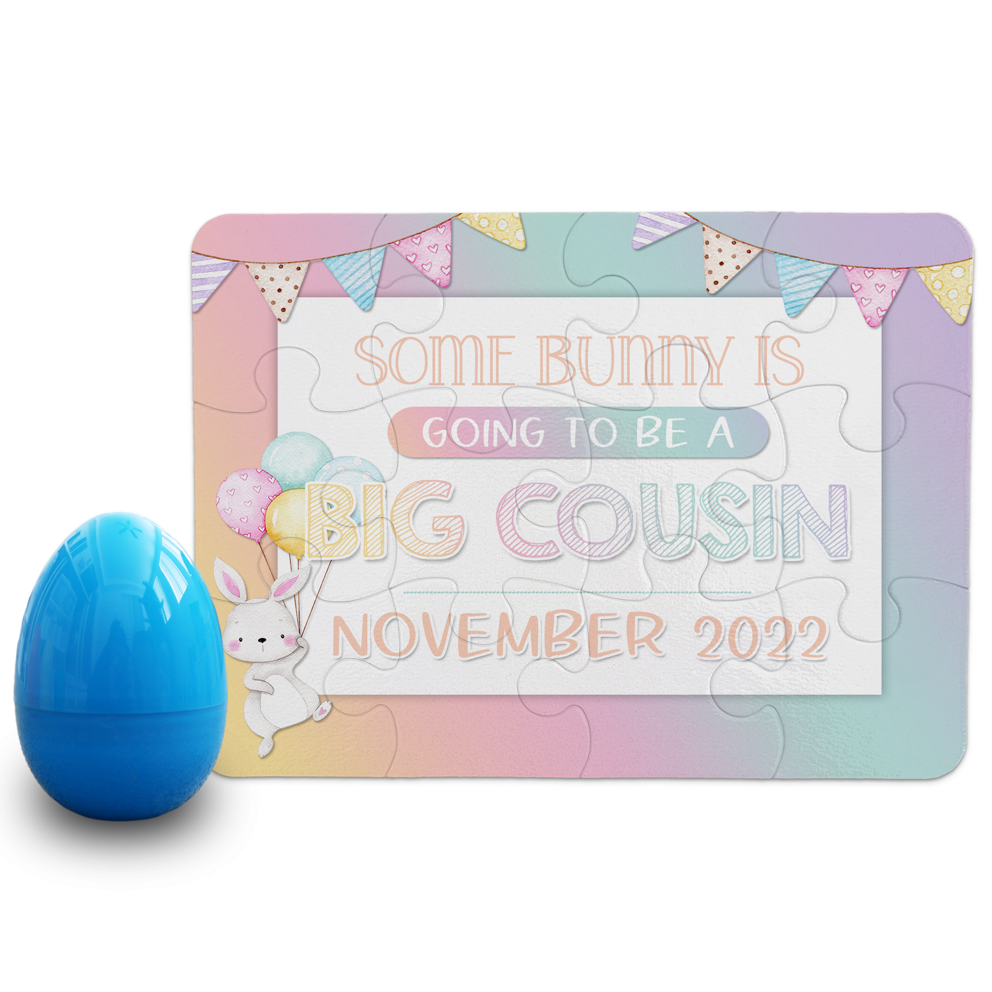 Custom Easter Big Cousin Pregnancy Announcement | Jigsaw Puzzle | Bunny With Balloons Design | With Plastic Egg