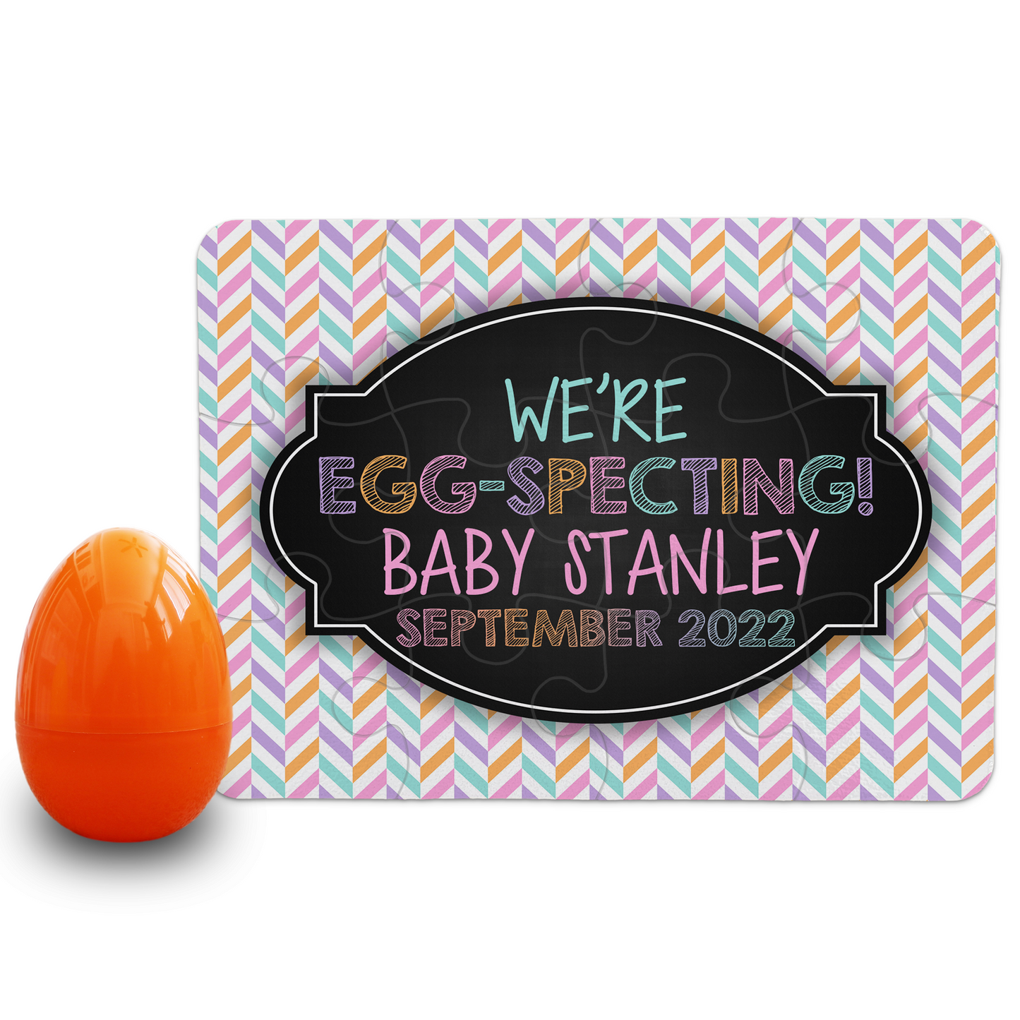 Easter Pregnancy Announcement | Jigsaw Puzzle | Pastel Chevron Design | With Plastic Egg | Personalized