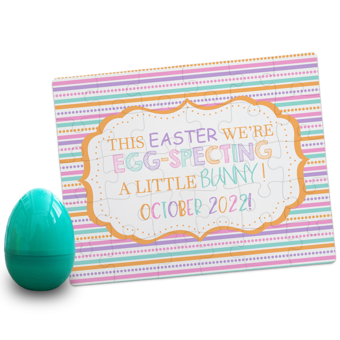 Custom Easter Pregnancy Announcement | Jigsaw Puzzle | Pastel Stripes Design | With Plastic Egg | S'Berry Boutique