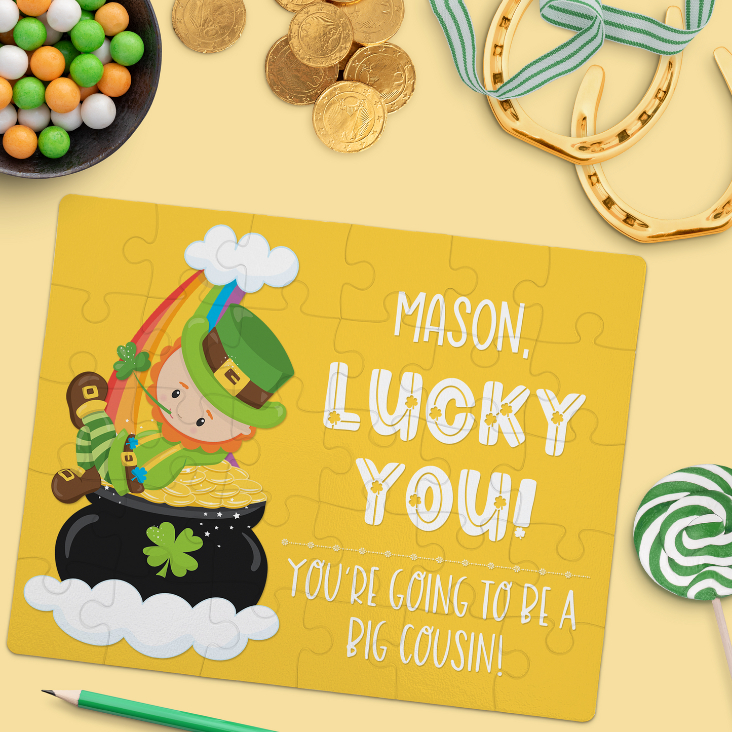 Personalized St. Patrick's Day Big Cousin Pregnancy Announcement Puzzle - Yellow - P2442