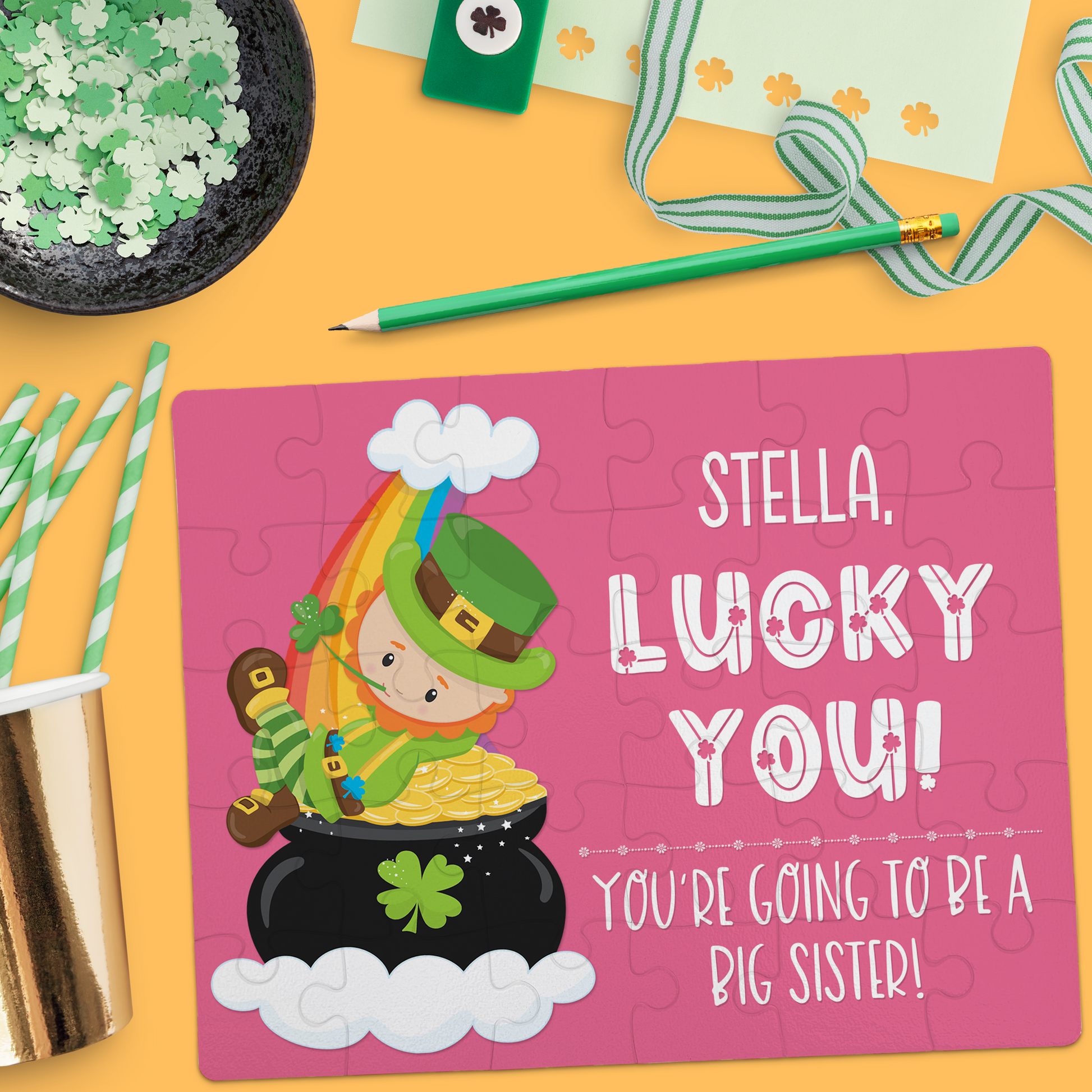 Personalized St. Patrick's Day Big Sister Pregnancy Announcement Puzzle - Pink - P2445