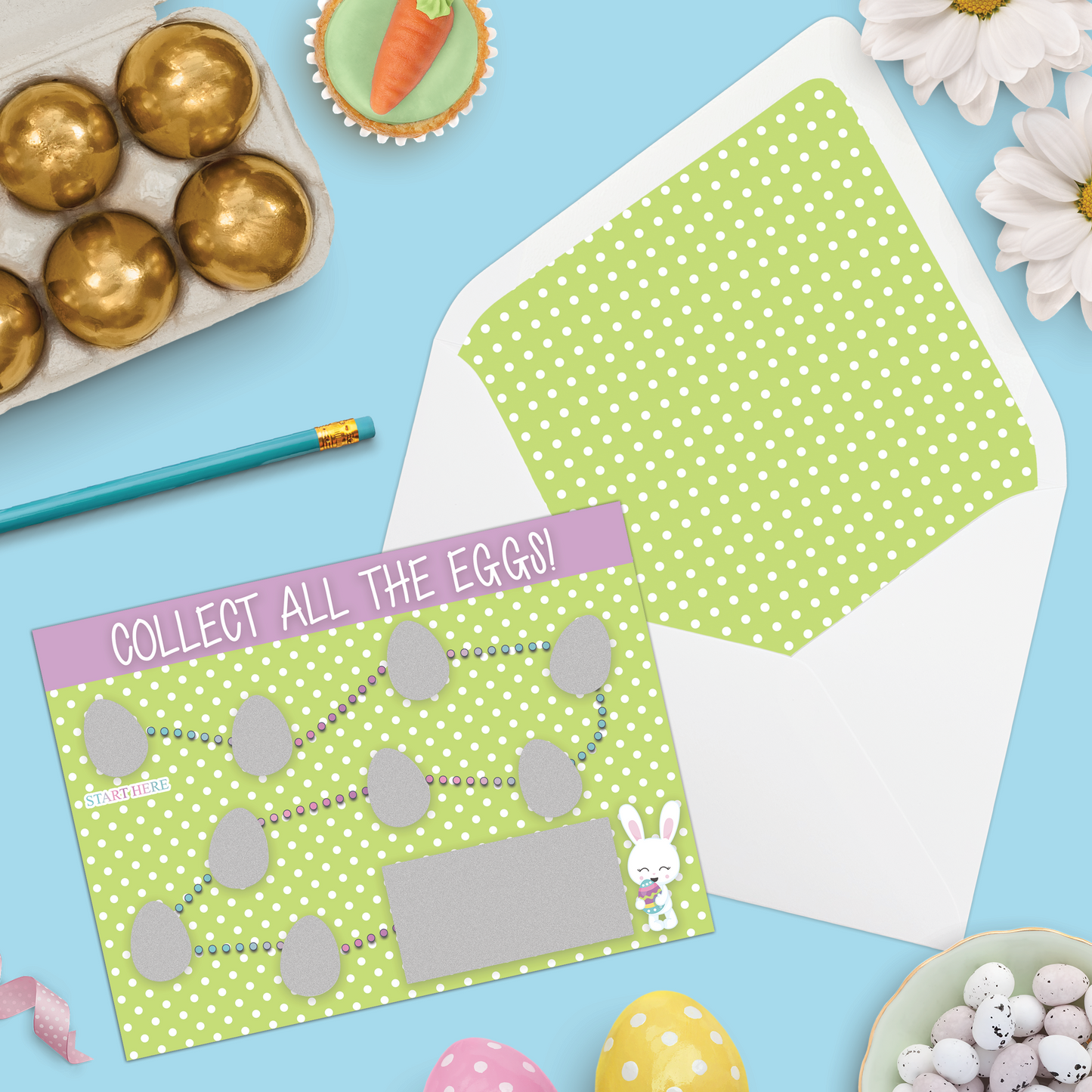 Easter Pregnancy Announcement | Scratch Card | Green With Bunny Design | With Envelope | Personalized