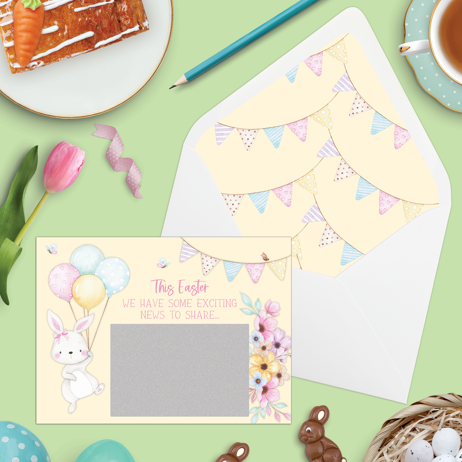 Easter Pregnancy Announcement | Scratch Card | Bunny Holding Balloons Design | With Envelope | Personalized