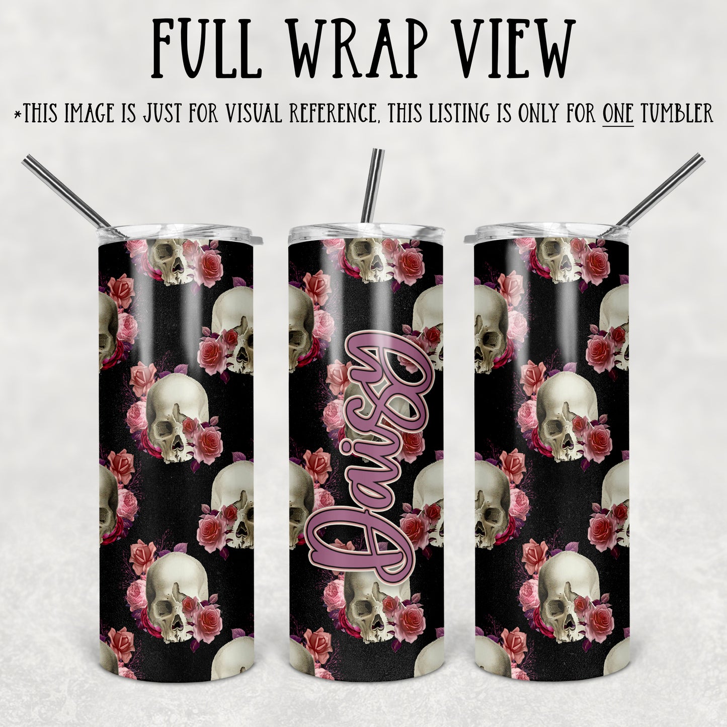 Personalized Floral Skulls Skinny Tumbler With Straw - ST0023 | S'Berry Boutique