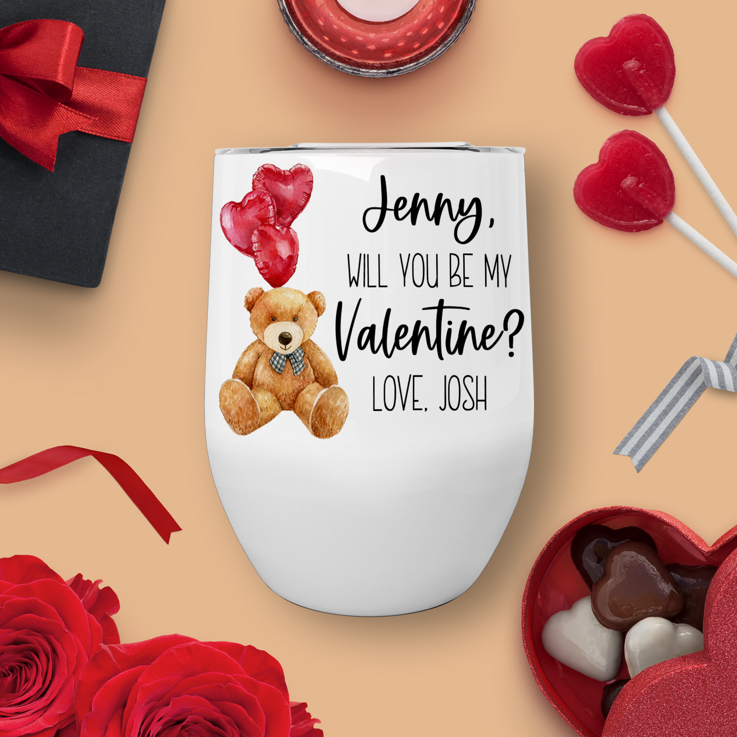 Personalized Be My Valentine Wine Tumbler With Bear & Heart Balloons - WT0018 | S'Berry Boutique