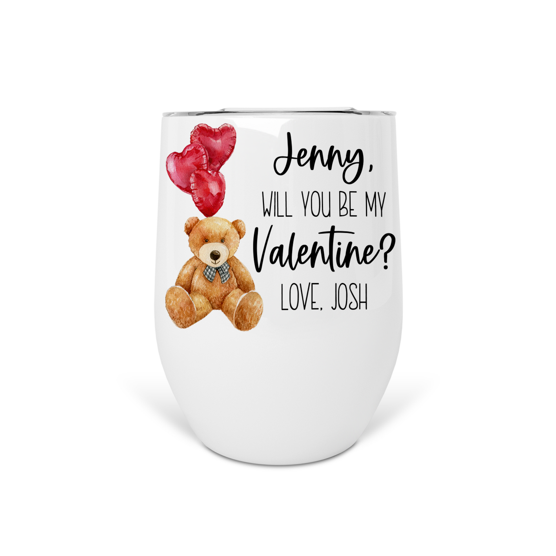 Personalized Be My Valentine Wine Tumbler With Bear & Heart Balloons - WT0018 | S'Berry Boutique